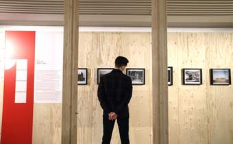 A photograph of a visitor looking a photographs on a wooden wall at Tate Liverpool + RIBA North