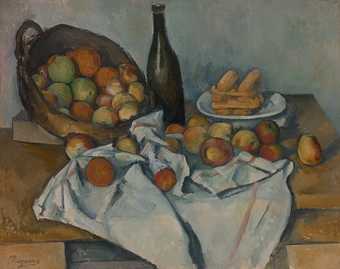 painting of a basket of apples on a table with a wine bottle and some bread