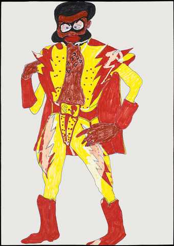 Chris Ofili Drawing for Captain Shit and the Legend of the Black Stars 1996 pencil drawing of a black man in a red and yellow costume and cape