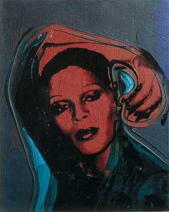 Screen print and painting of a performers head and shoulders with arm wrapped around their head